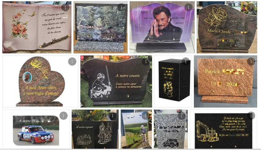 Exemples de plaques funéraires personnalisées gravées pour hommage.